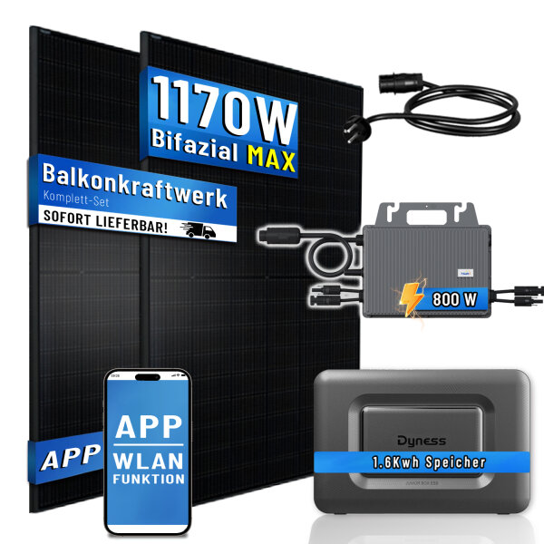 Balkonkraftwerk 1170W mit Speicher Dyness Junior Box 1600Wh, 800W TSUN Micro Wechselrichter, 2x450W Bifaziale Solarmodule, Solaranlage mit Stromspeicher Photovoltaik PV Anlage f&uuml;r Haus Balkon
