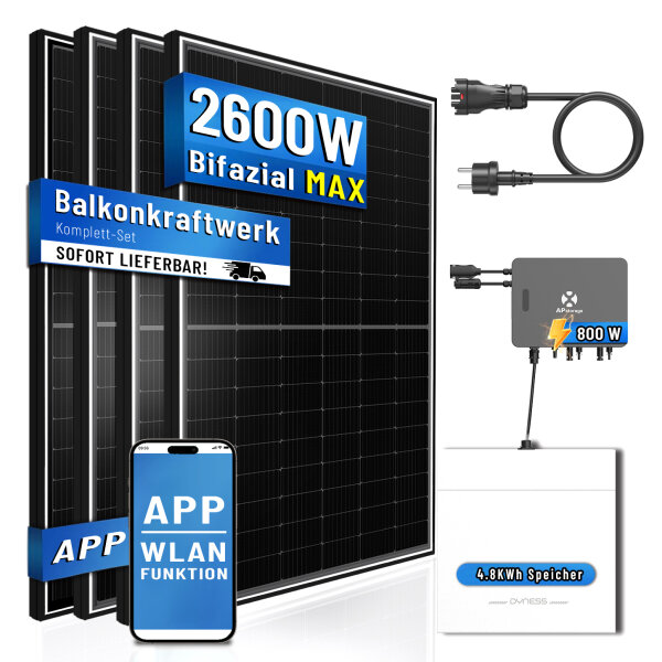 Balkonkraftwerk 2600W mit 4800W Dyness Speicher, 4x500W Bifazial Solarmodule Vollschwarz mit Dyness Stromspeicher 4,8kwh, APS EZHI 1200W Wechselrichter Inselanlage PV Anlage f&uuml;r Haus Balkon Garten